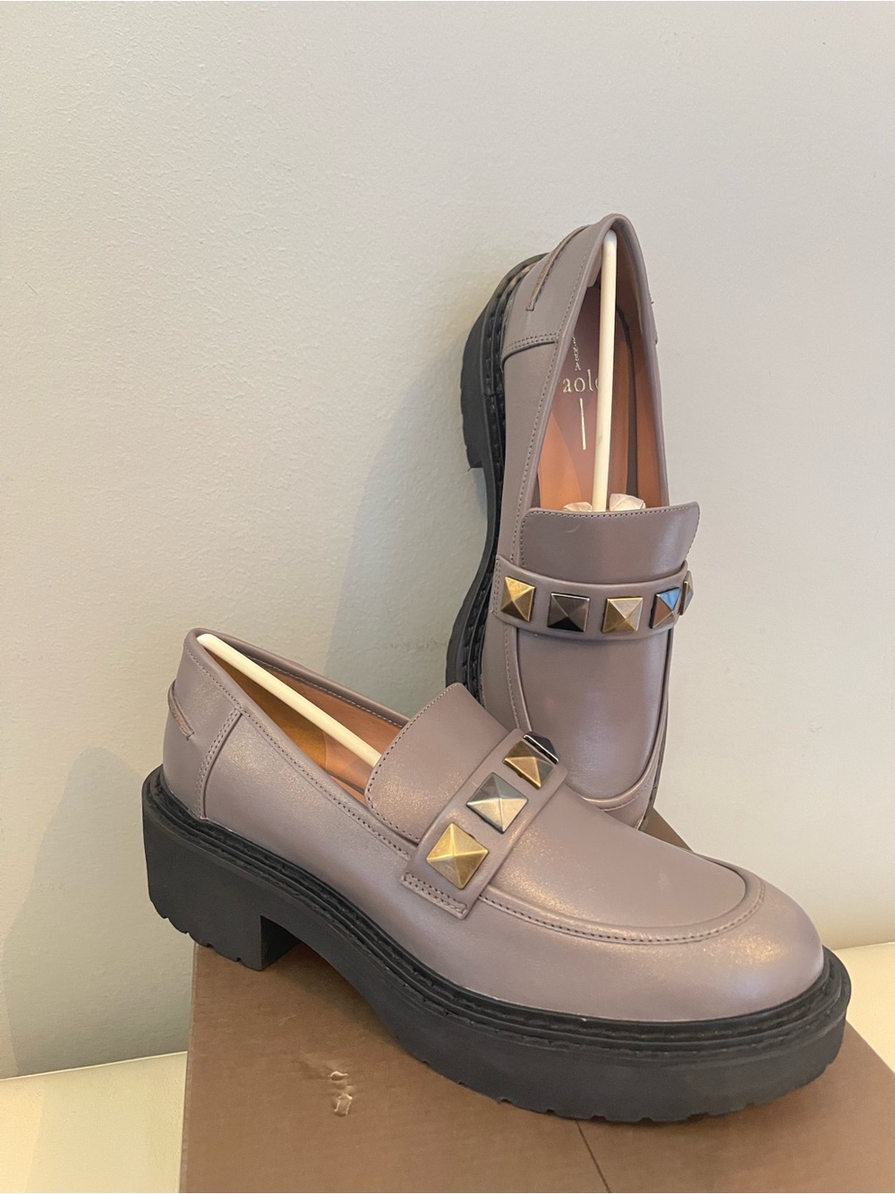 New Paolo Leather Chunky Platform Stud Loafers in Taupe